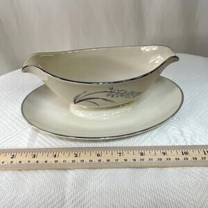 Nivara by Westport Gravy Boat with Attached Underplate White Gray Sprig China